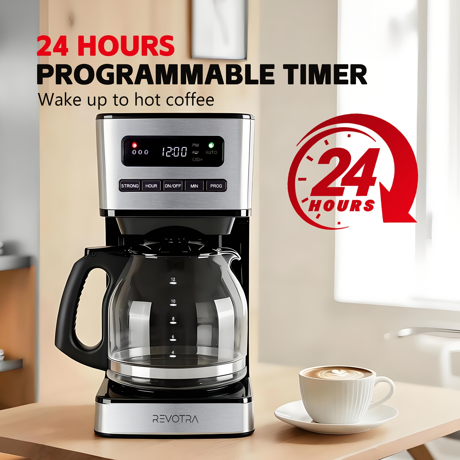 TEMU 12-cup Programmable Coffee Maker, Regular And Drip Coffee Machine, 1-4 Cup Brewing And Iced Coffee Setting, 24-hour Auto Timer, Plate, Auto