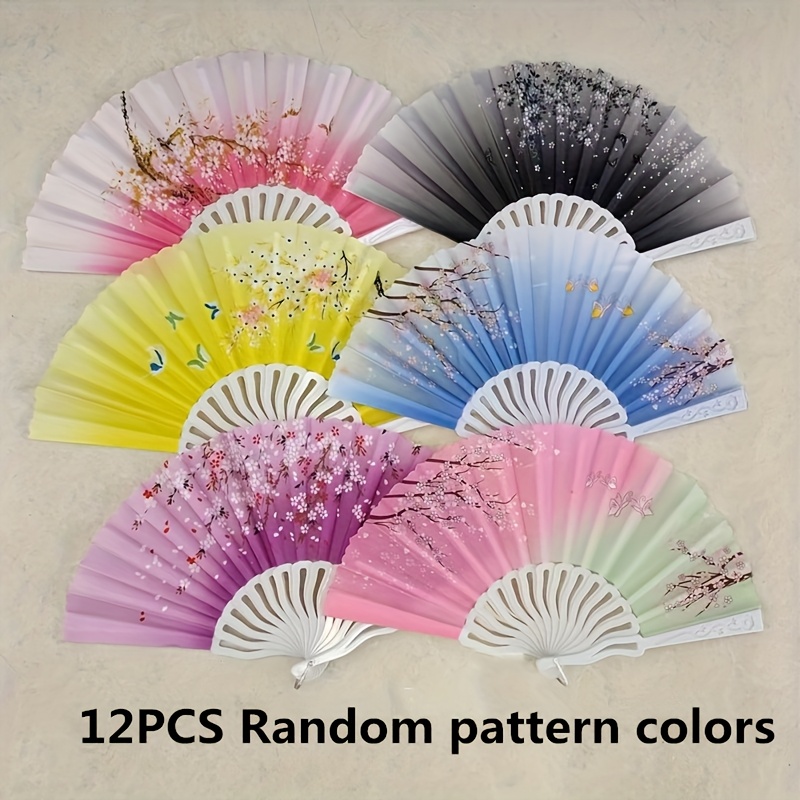 12pcs Handheld Folding Fan, Random Pattern Color, Fabric Sunshade, , Elegant Chinese/japanese Retro Hand Fan, Suitable For Dance Performances, Taking Pictures, Summer Cooling, Princess Small Gifts