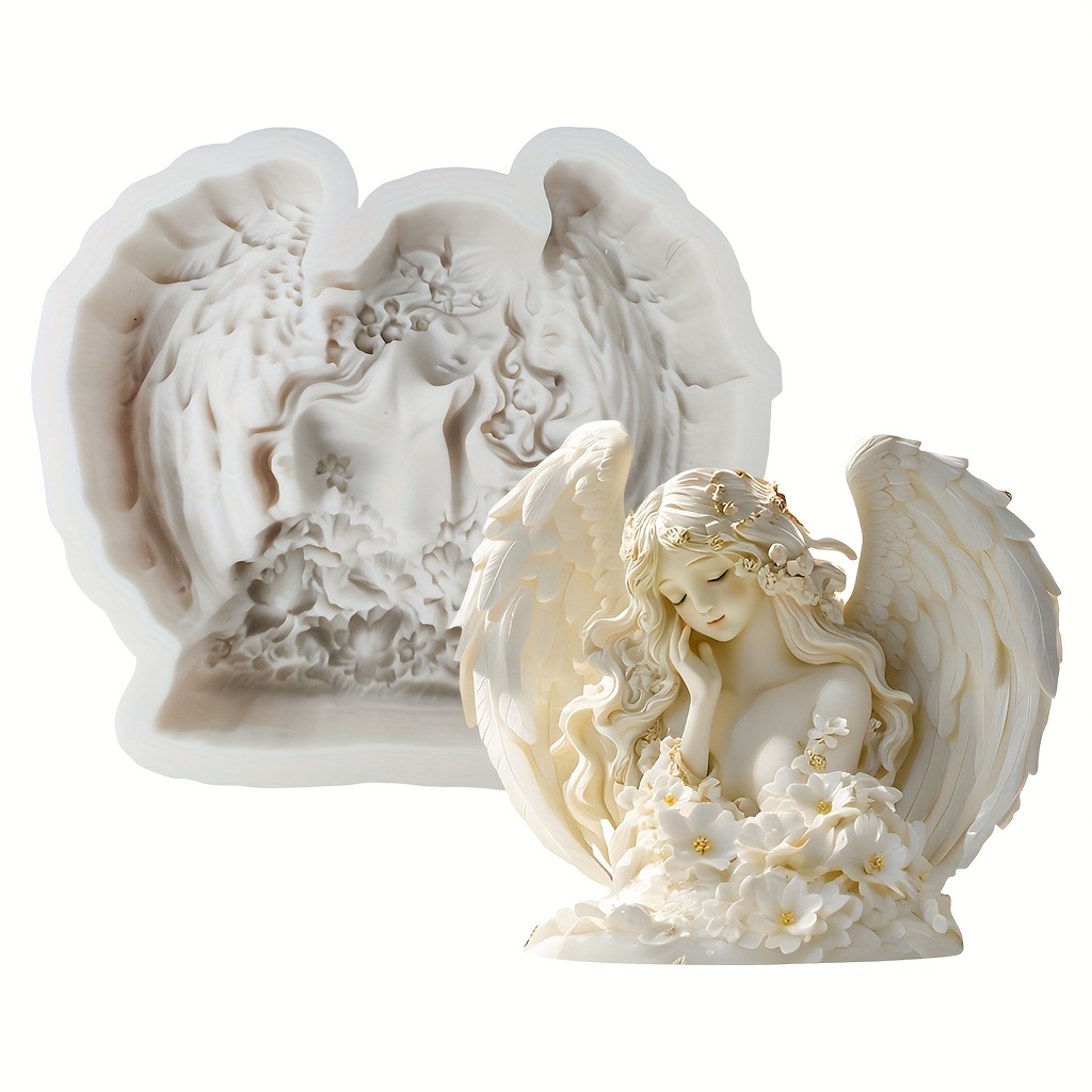 Image of 1pc Girl Wings Flower Silicone Resin Candle Mold, Plaster Mold, Soap Mold, Suitable For Aromatherapy Candles, Plaster Ornaments, Soap Making, Used As Wedding Decoration, Home Decoration, Holiday Gift