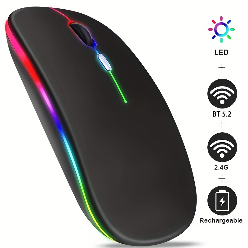 Souris sans fil rechargeable avec lumière LED, mode double BT et souris USB 2.4G pour le jeu, le portable, le tablette, le MacBook - Design noir élégant, forme ergonomique, plastique durable, chargement USB, chargeur non inclus, souris pour portable, accessoire pour tablette, accessoire moderne, surface lisse, souris sans fil pour portable, souris sans fil rechargeable, souris sans fil, souris ergonomique, souris de jeu, accessoire pour portable, souris ergonomique