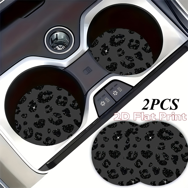 TEMU 2D Platte Print, 2 stuks Glitter Zwart Grijs Luipaardprint Bekerhouder Onderzetters, Auto Interieur Decoratie, Anti-Slip Voertuig Drankmat voor