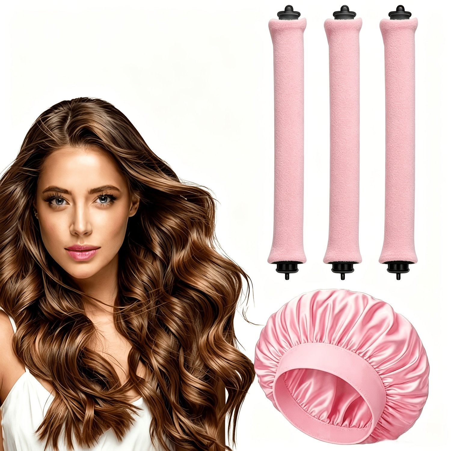 TEMU Set de rizadores sin calor para mujer, 3 rizadores manuales, 1 gorro para dormir, herramienta de rizado fácil, ondas grandes , dispositivo