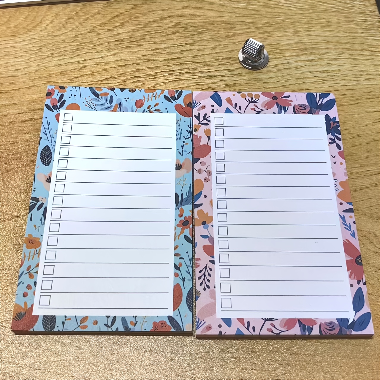Image of 2pcs Floral Magnetic Shopping List Pads With Pen Holder - 50 Tear-off Sheets, Colorful Design For Refrigerator & Office Organization