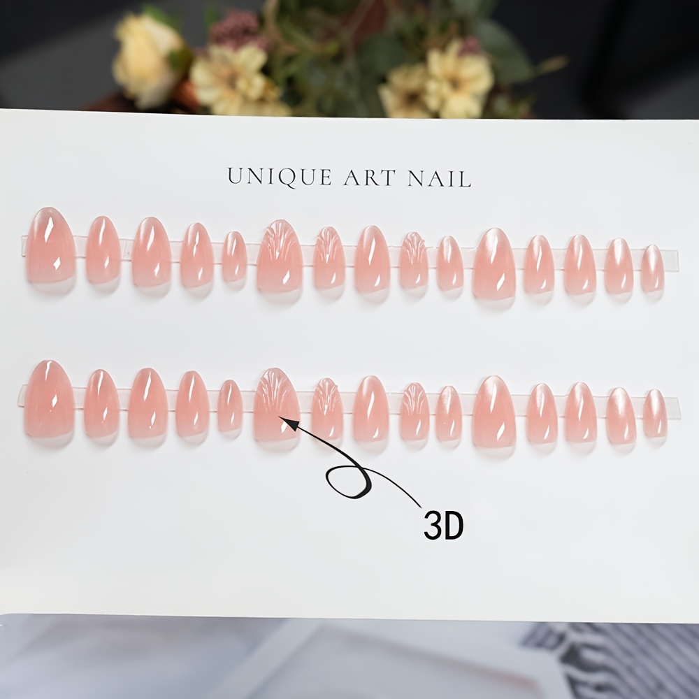TEMU 24pcs Short Almond-shaped Nails, Eye Shell Hand-painted Wearable Nails Light Pink -brightening Nail Stickers Short Almond Nails, Complete Set Of