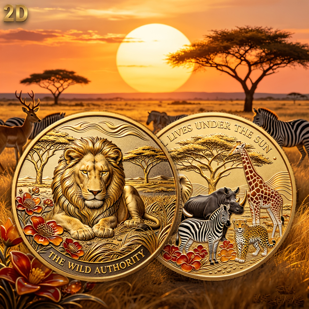 TEMU 1pc, 2d Wild And Sunshine Under All Creatures Pattern Exquisite Collectible Coin, A Coin Showcasing The Magnificent And Of The African . This
