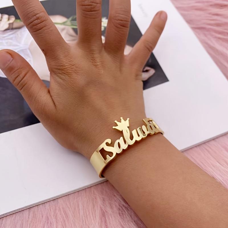 TEMU Personalized Name Bangle With Crown Stainless Steel Open Cuff Bracelet With Lettering Custom Name Engraving Bangle Elegant Style Ideal Gift For