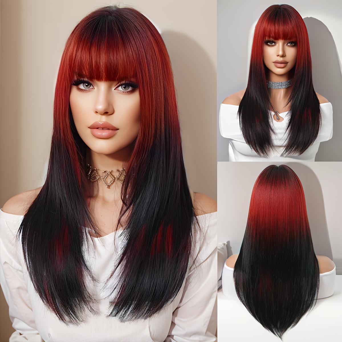 

Luxurious Women's Cosplay Wig With Bangs - Ombre Black To Red, Layered Curly Design, High-quality Synthetic Fiber, Comfortable Cap, Styling Options, Wig Accessories