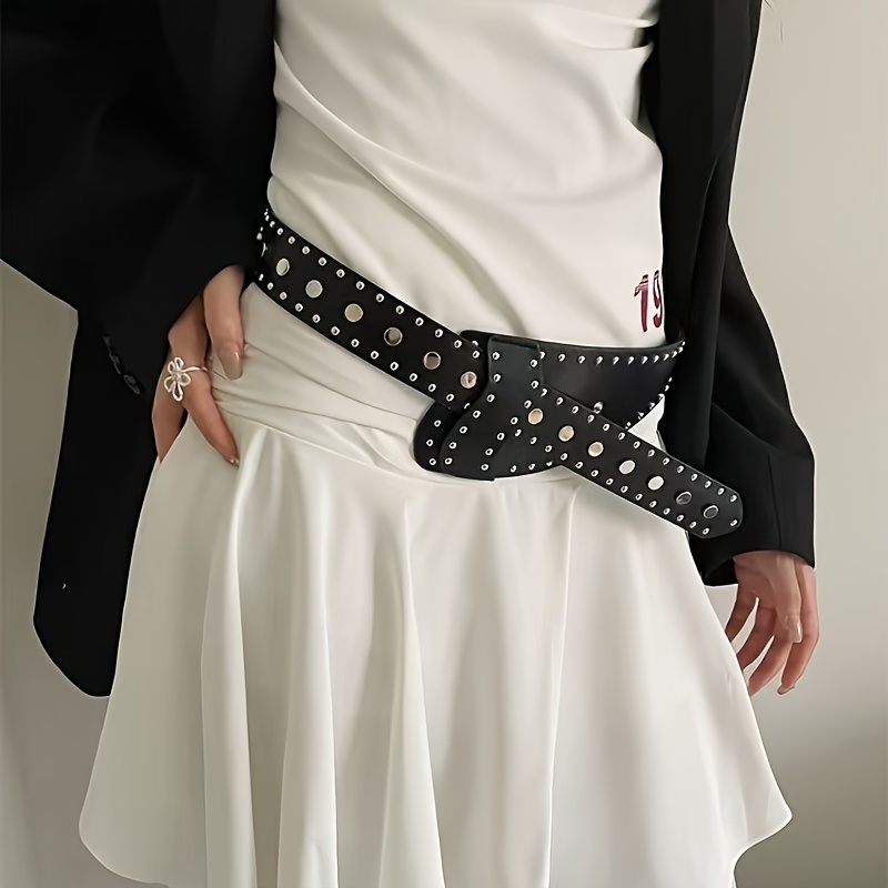Y2K Punk Style Rivet Waist Belt with Snap Closure