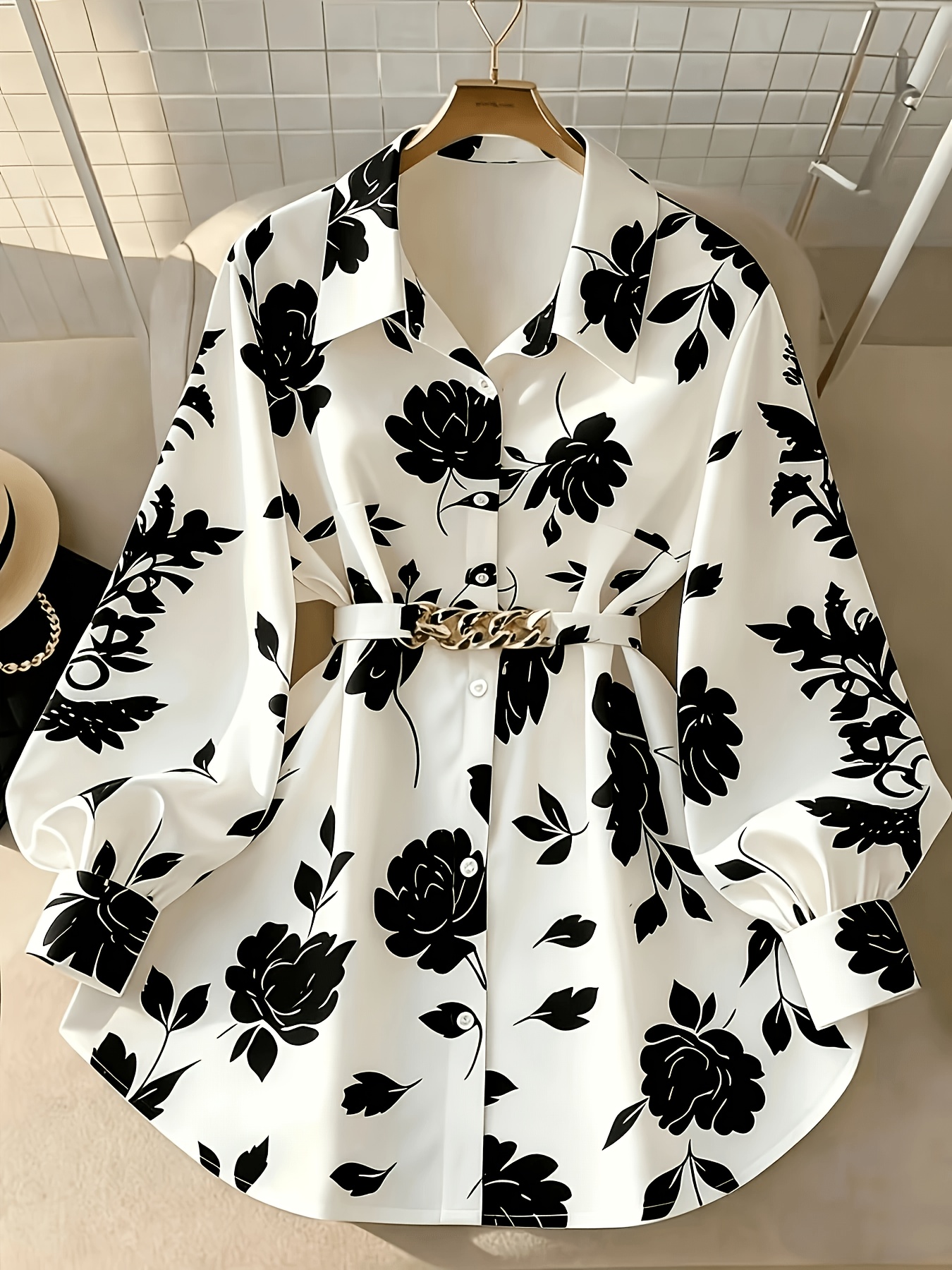 Women's Printed Shirt With Belt, Smooth Wrinkle-Free Fabric Blouse