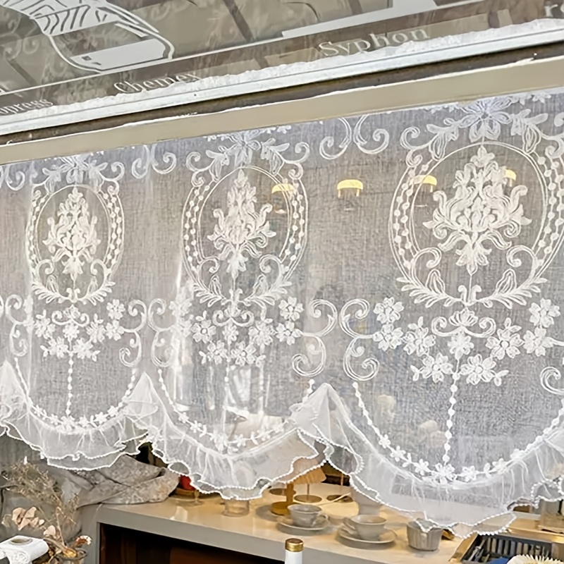 1pc White Lace Sheer Curtain, With Exquisite Patterns And Wavy Lace Trim Outlining Elegant , A Romantic And Atmosphere. Features A Top Rod Pocket For Easy Hanging. Suitable For Living Rooms, Bedrooms
