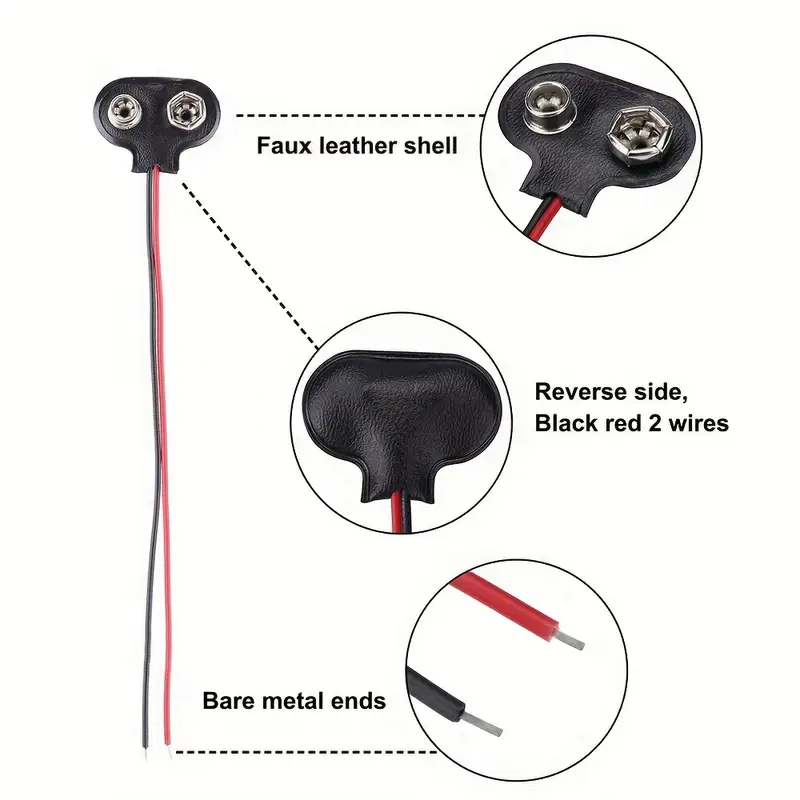 conectores de clip para batería de 9v, 10 piezas, tipo t con carcasa larga de cuero pu y contactos metálicos & cables rojos, conexión eléctrica para baterías y dispositivos detalles 0