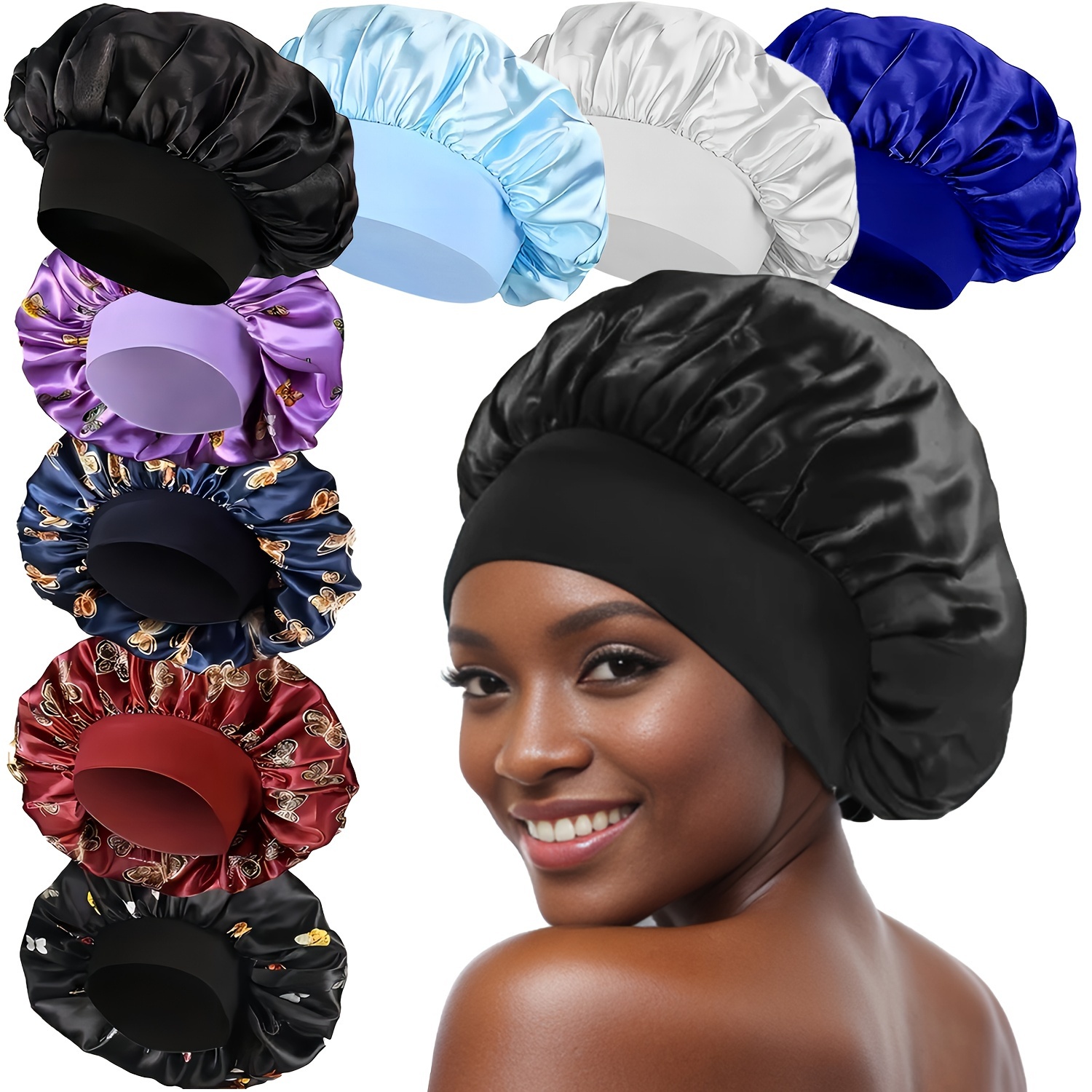 

8pcs Silky Satin Bonnet Reusable Elastic Wide Band Shower Cap Sleep Cap Hair Protection Cap For Women Curly Hair Natural Hair