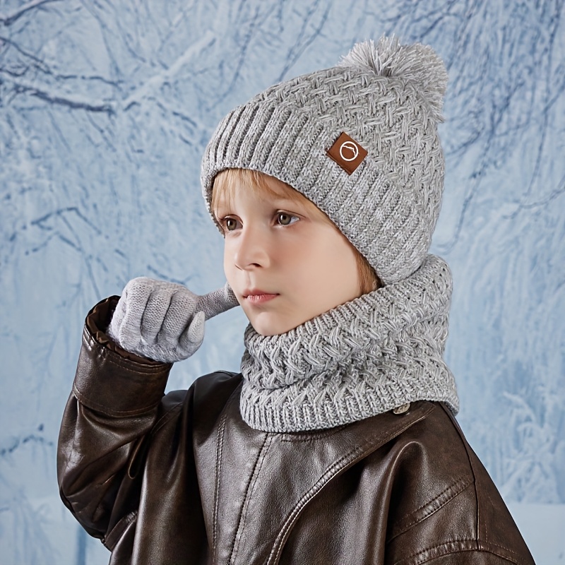 Image of 3pcs 's Hat, Gloves, And Neck Warmer Set, Winter Outdoor Plush-lined Warm Earmuff Knitted Pullover Hat For Boys And Girls, Suitable For Ages 3-9
