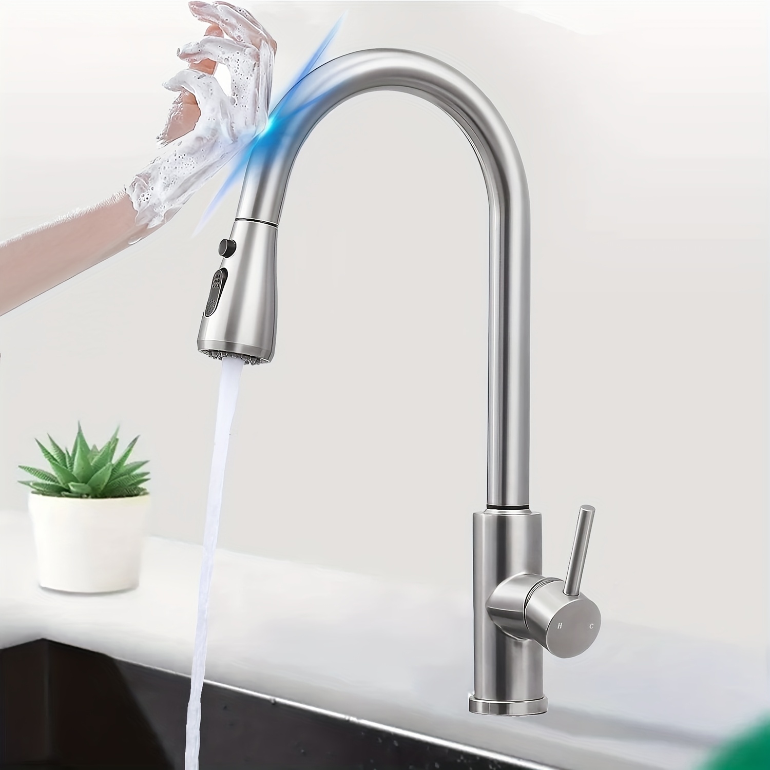 TEMU 1 Robinet de Cuisine à Capteur Tactile avec Pulvérisateur Rétractable, Activation Contact & Poignée Unique, Mélangeur à Montage sur Robinet et