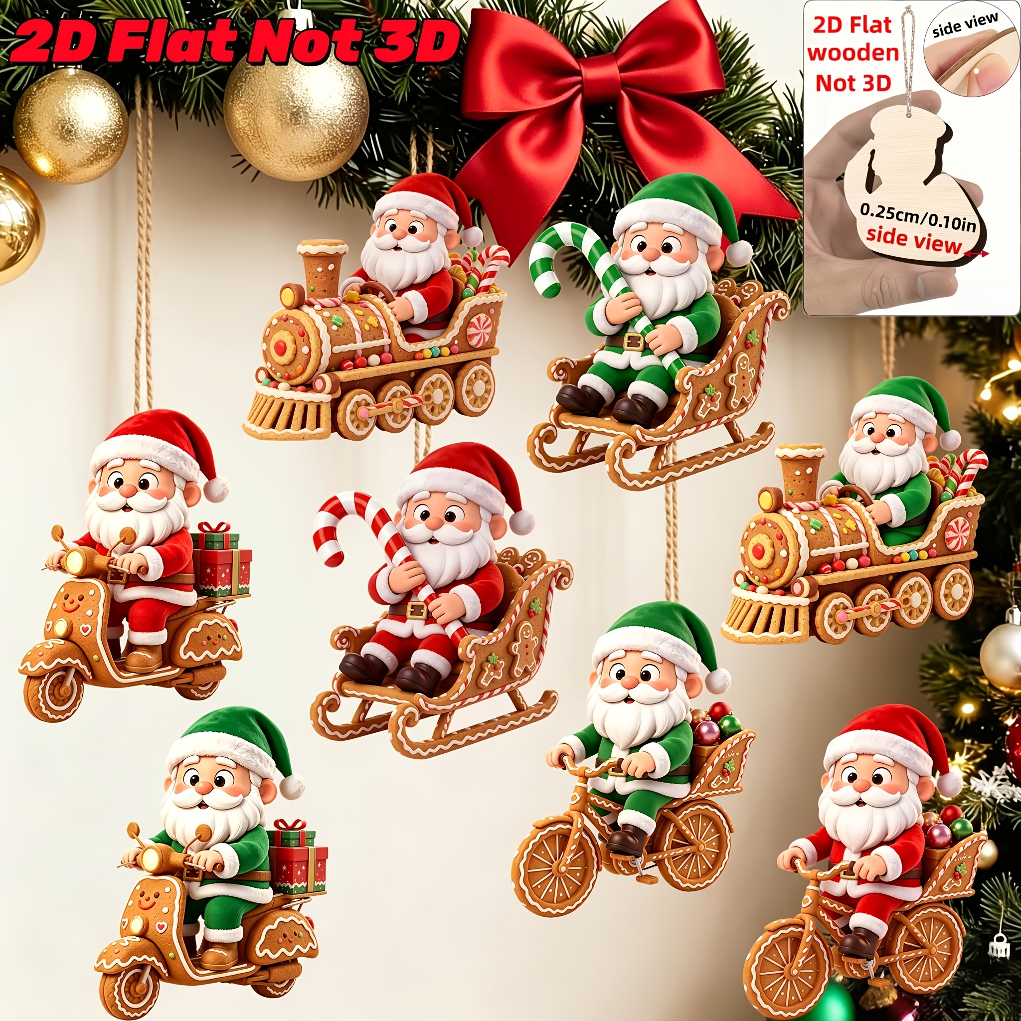 TEMU Set da 8 pezzi di simpatici ornamenti in legno di 2D, con abiti natalizi seduto su un veicolo a base di - Piatto 2D, non 3D | Stile , realizzato