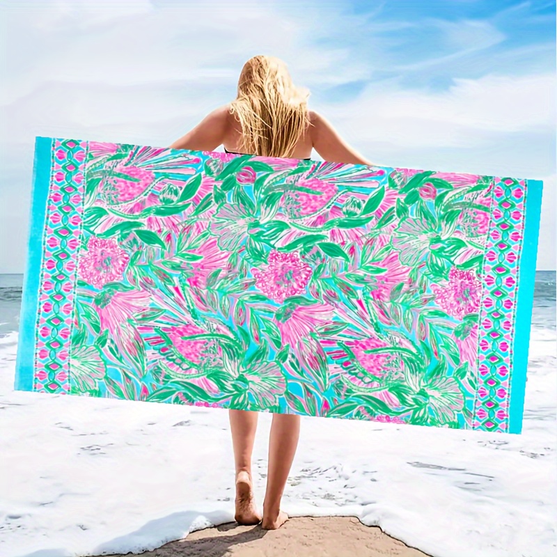 

1pc Beach Towel, Green Flower Printed Super Absorbent Soft Lightweight Swimming Pool Beach Towel, Suitable For Beach And Swimming