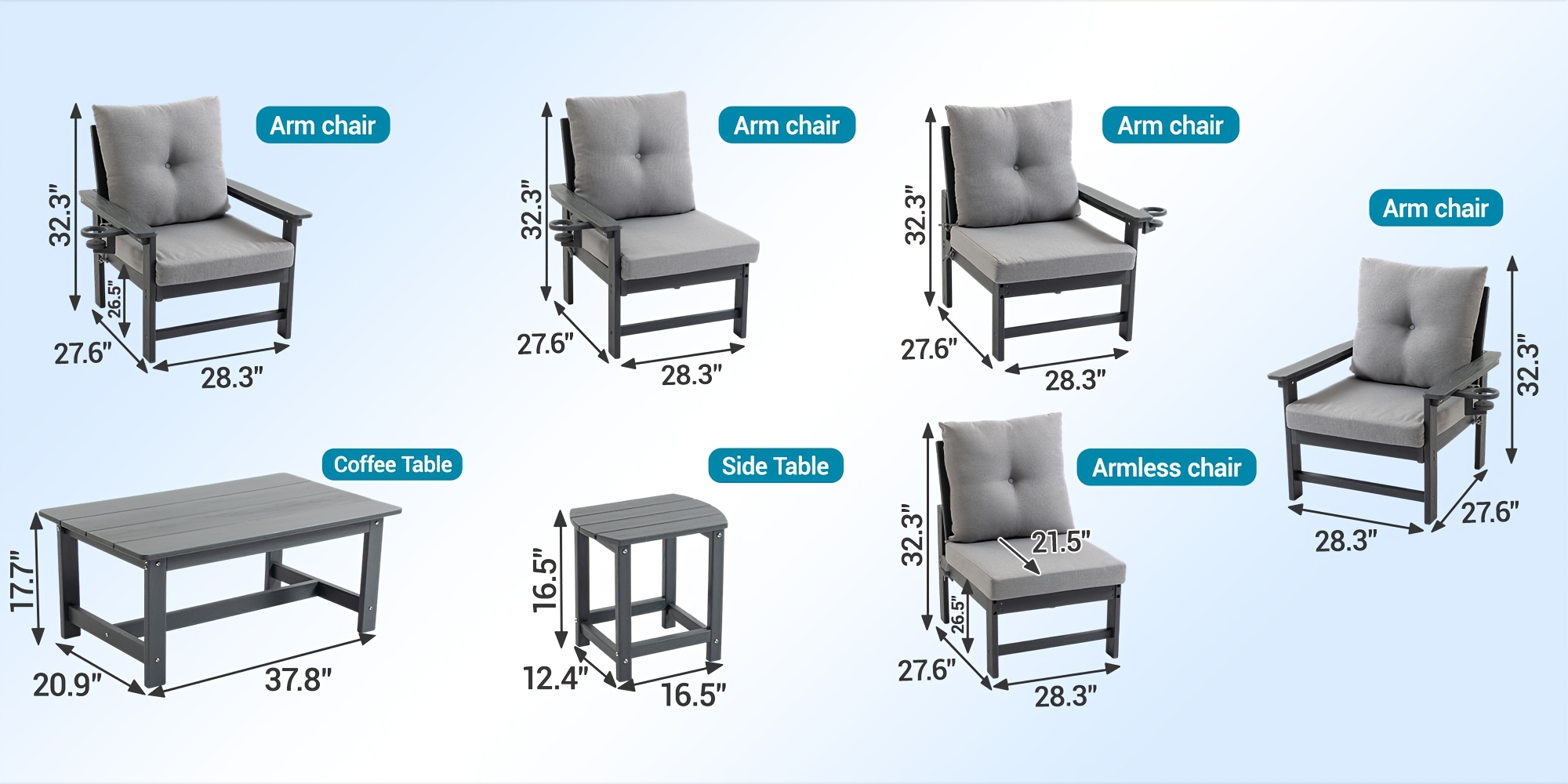Outdoor Patio Furniture Set, 7pcs HDPE All Weather Free Combination Outdoor Furniture, Patio Conversation Sets W/ Sponge Cushions for Patio, Gaden, Yard Lawn Poolside