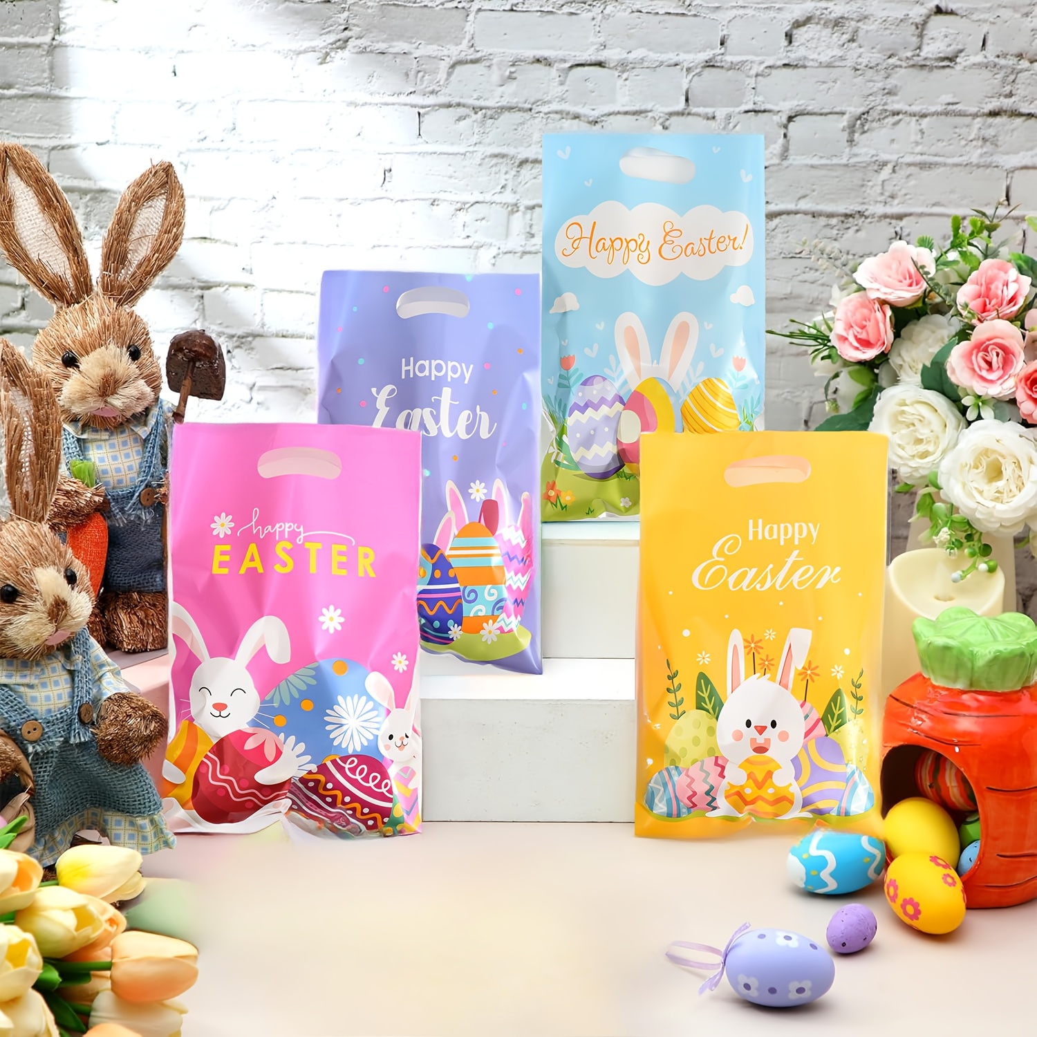 

50pcs Easter Gift Bags With Handles, With Cute Rabbits And Eggs, Plastic Handbags, Suitable For Easter Baskets And Party Gifts, Theme