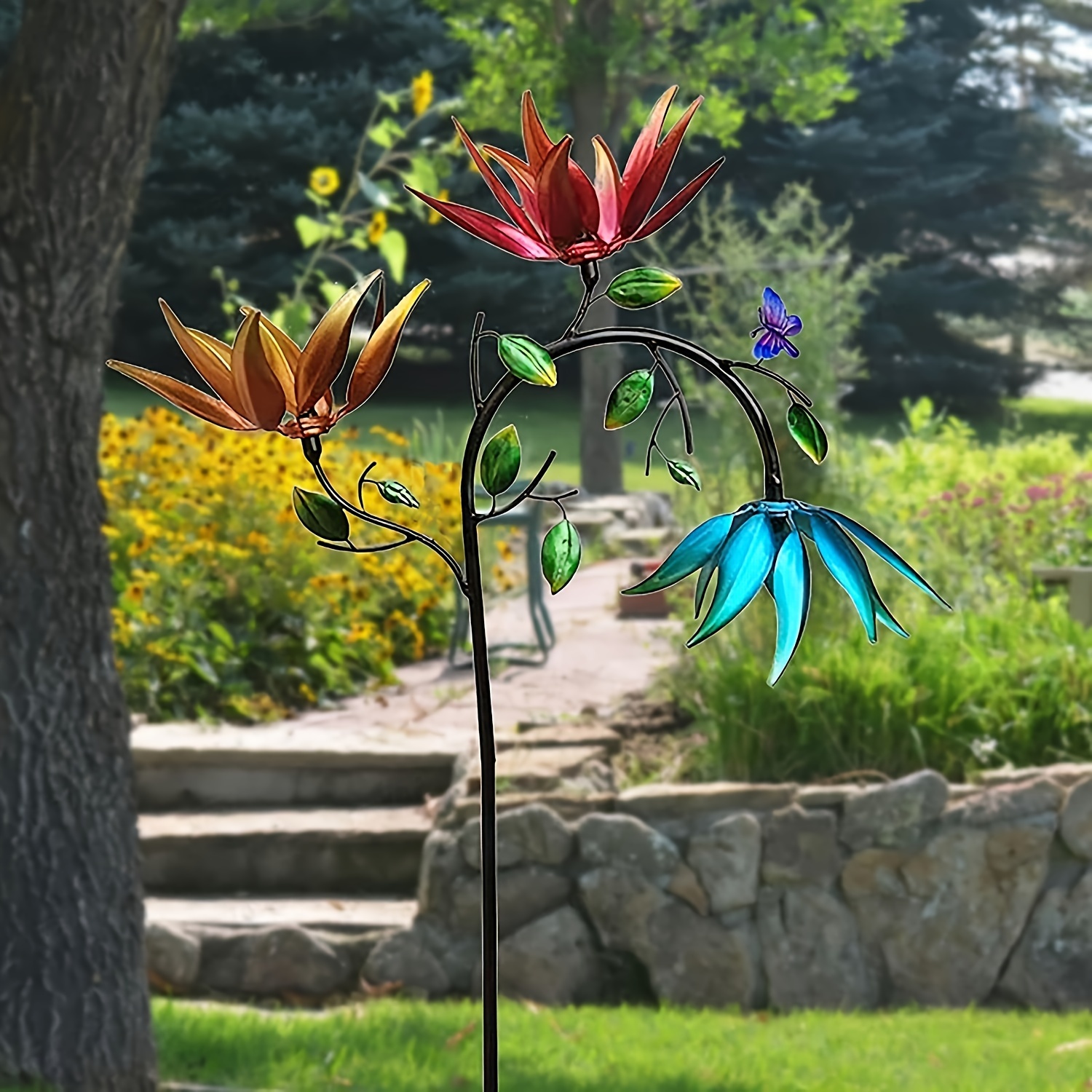 

Metal Flower Butterfly Windmill Large Metal Wind Turbine With 3 Rotating Flowers Butterfly Windmill Decoration Outdoor Courtyard Garden Art Decoration