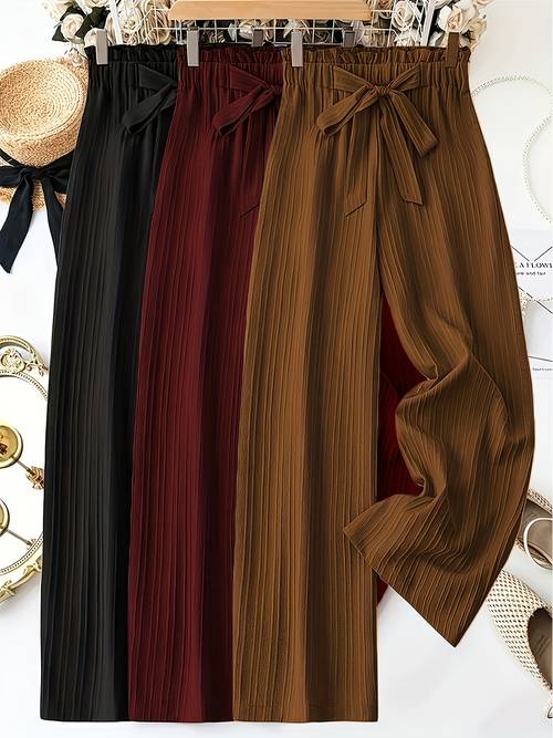 3pcs womens elegant solid color striped long pants with bow detail comfortable loose fit elastic waistband spring summer casual wear