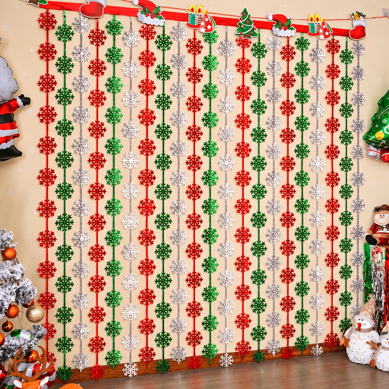 TEMU 1/2 Pack Red, Green, And Silver Christmas Snowflake Tassel Backdrop, 100 × 200cm Metal Sequin Tassel Backdrop, Christmas Party Backdrop Wall,