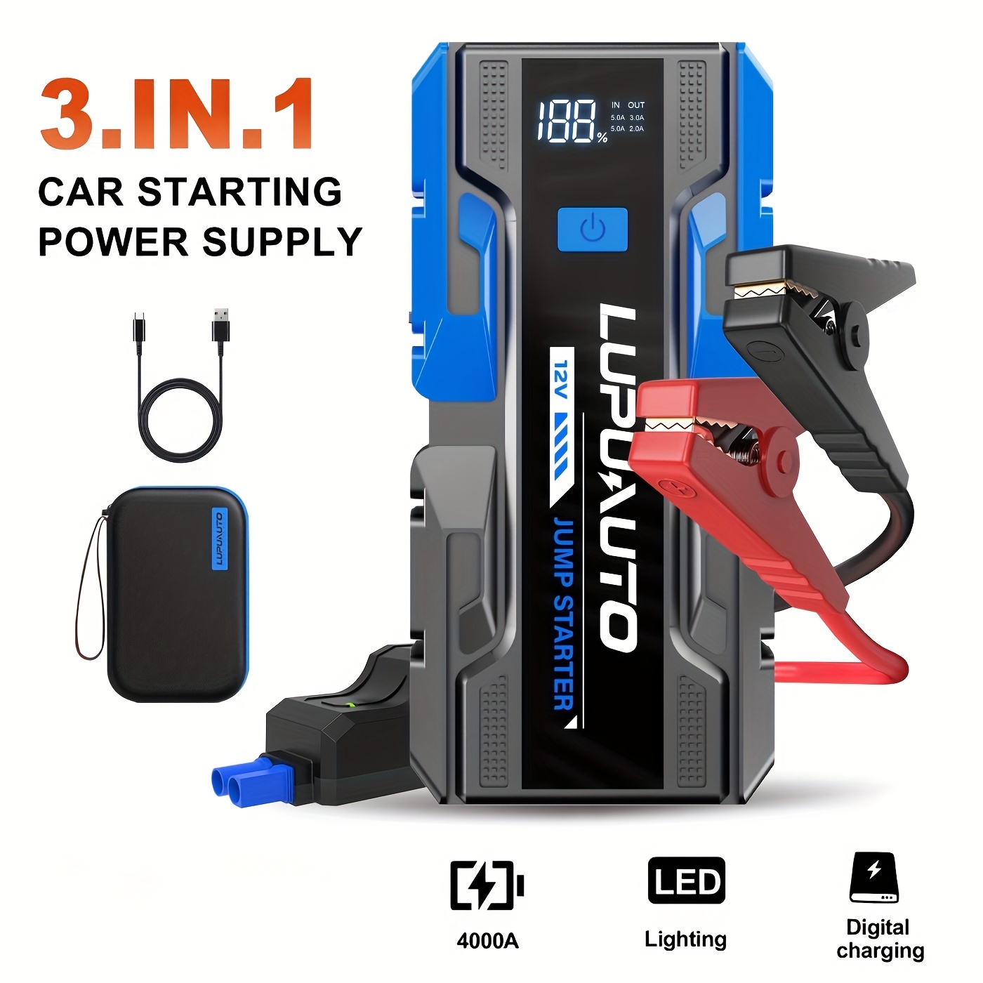 TEMU 3000a Jump Starter, Portable Car Battery Jump Starter For Up To 9.0l Gas & 7.0l Engines, Car Battery With Built-in Led Light