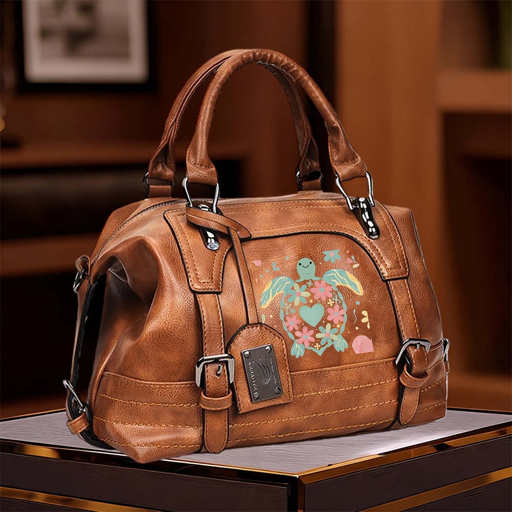turtle print handbag with   heart floral zipper closure crossbody bag suitable for daily commuting travel casual   shoulder purse