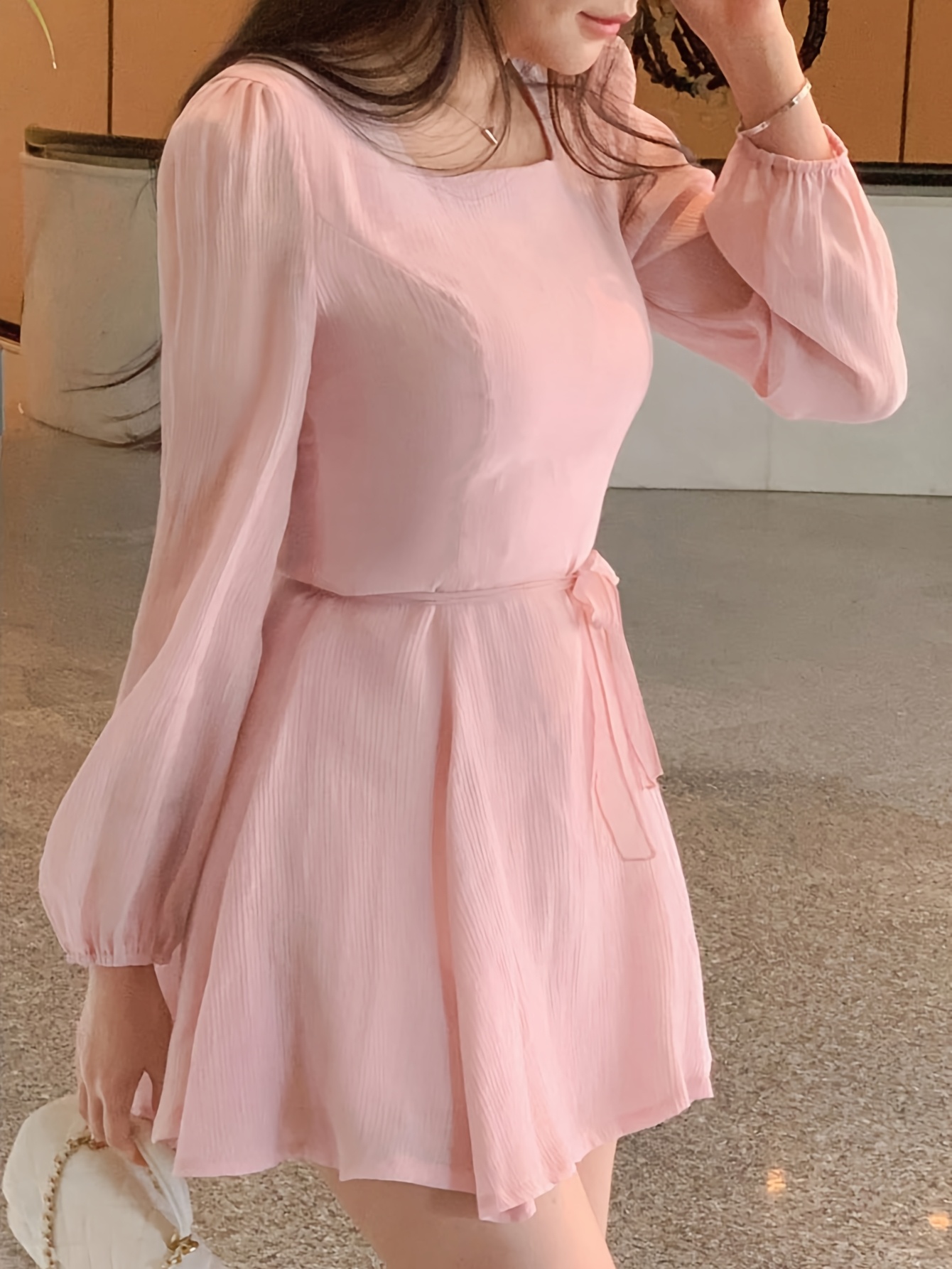 womens casual short square neck long sleeve pink mini dress - Temu United  Arab Emirates