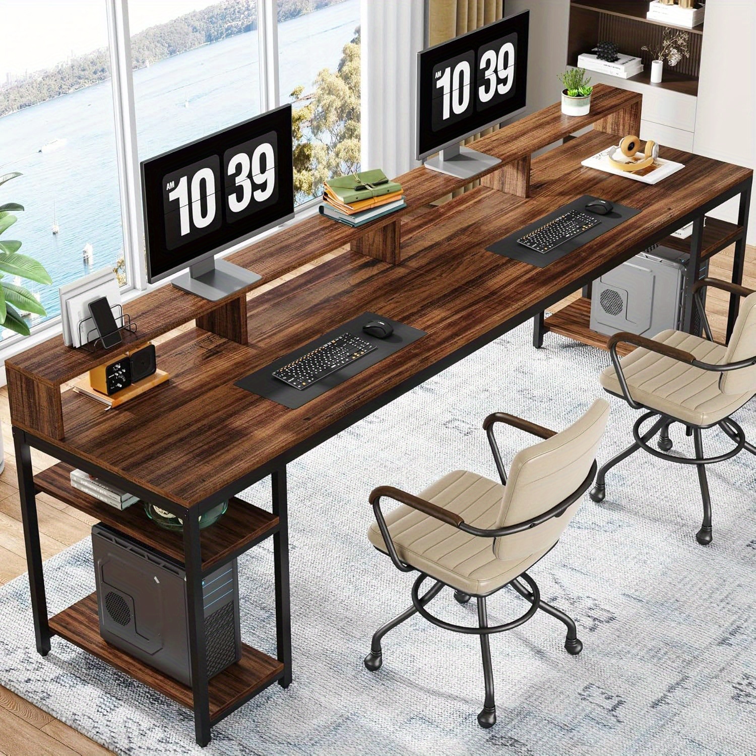 TEMU Double Person Office Desk With Monitor Stand, 78.74 Inch Long Double Person Computer Desk With Storage Rack, Large Gaming Desk For Home Office,