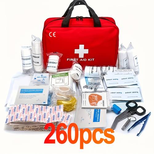 trousse de soins de luxe 260 pièces - fournitures de sécurité essentielles , air et le camping - portable avec ciseaux, bandages, pincettes - rouge, de magnésium/