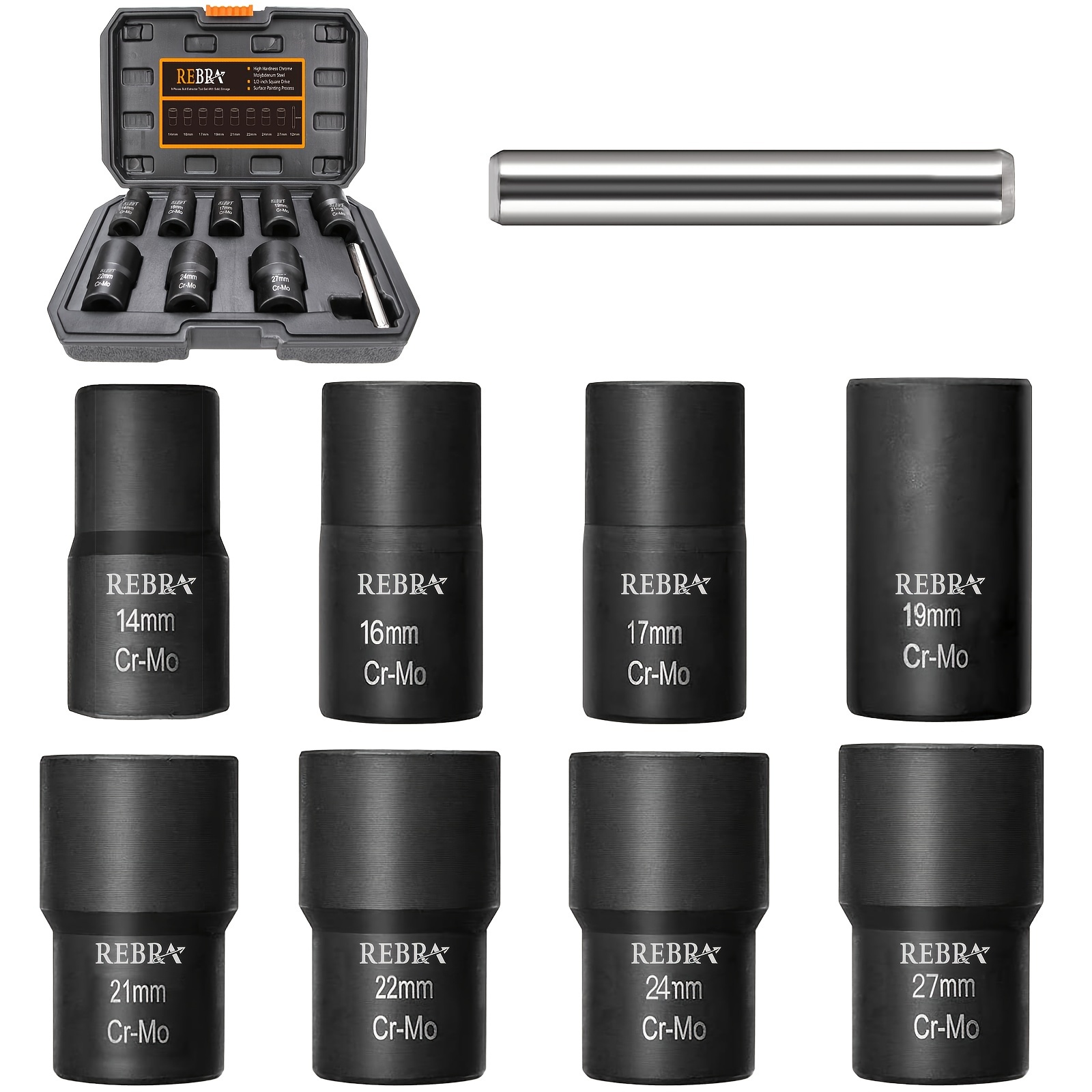 

Rebra Nut Bolt Extractor Set With Center Punch Bar, Lug Nuts Remover Socket Set Tool For Stripped, Damaged, Rounded-off, Rusted Bolts&nuts 1/2 Drive 9pcs