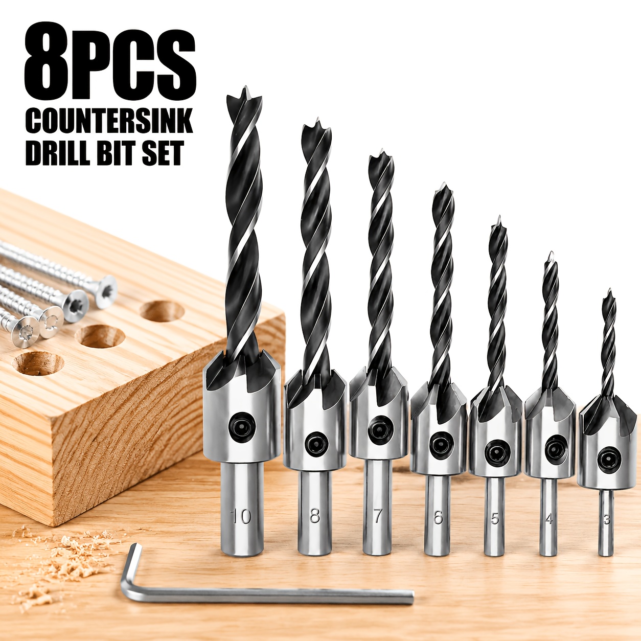 TEMU 8pcs Steel Countersink Drill Set, Precision Woodworking Countersink Drills (3-10mm Sizes), Includes Hex Wrench, Suitable For Wood Surface