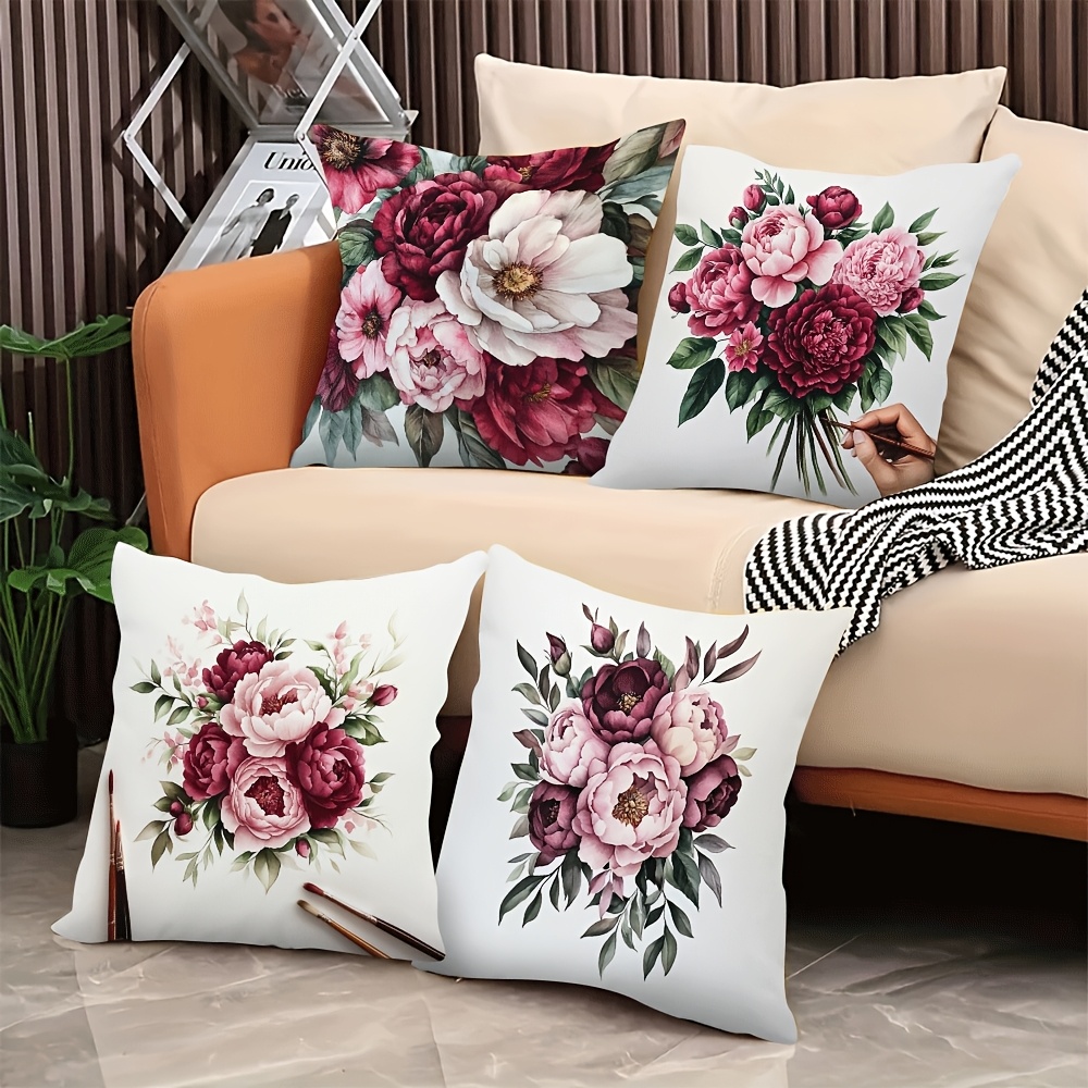 

4pcs Watercolor Plush Pillow Covers - And Burgundy Peonies & Roses On White, 18×18 Inch, Polyester, Zipper Closure, Living Room, Bedroom, Office Decor, Living Room Decor | Vintage | Soft Texture