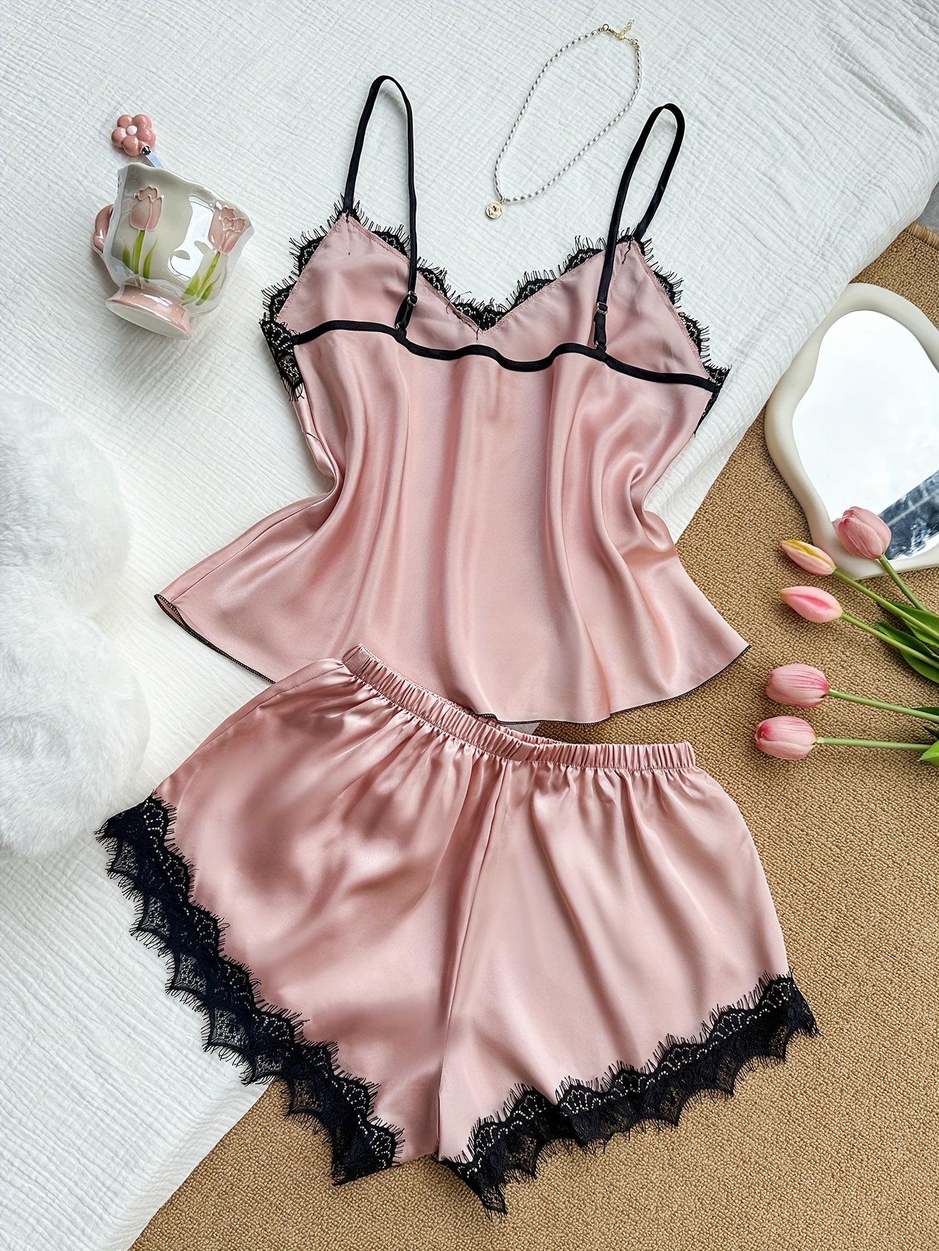 womens sexy lace trim nightgown set soft pink lace trim Temu
