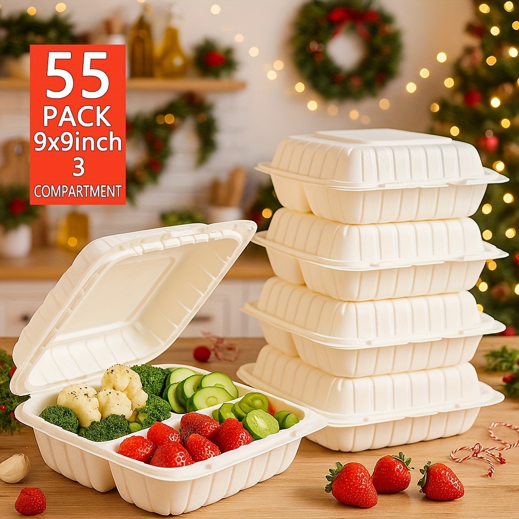 TEMU Take Out Containers, 25 Pack/55 Pack -7"x7"x3"/8"x8"x3"/9"x9"x3" Plastic Flap Large Food Container Disposable Packaging Box Without Bpa, 1 And 3