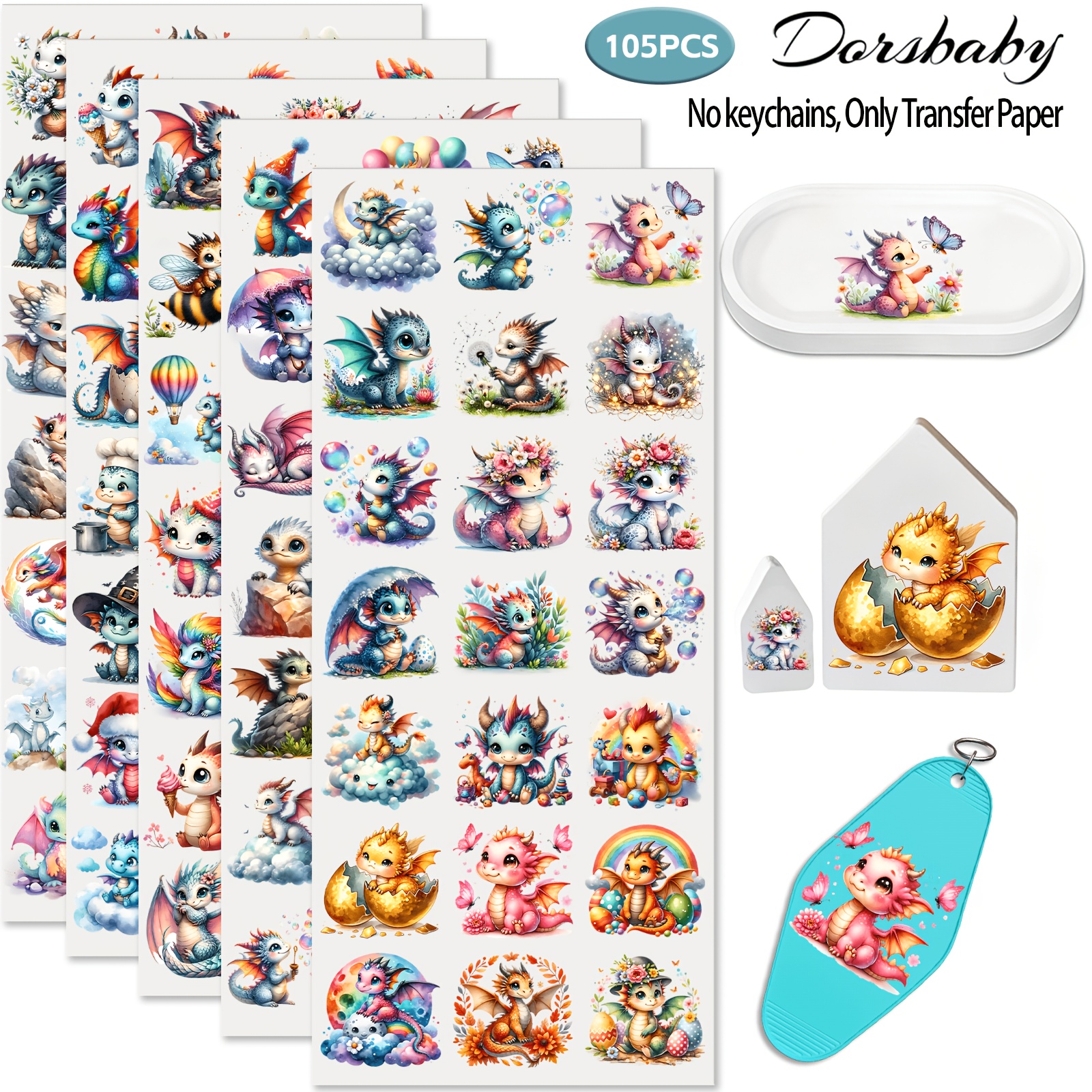 TEMU 105pcs/set Of Cute Dragon Pattern Uv Dtf Transfer - Mini Transfer Suitable For Keychains, Water Bottles, Phone Cases, And Scrapbooking; High