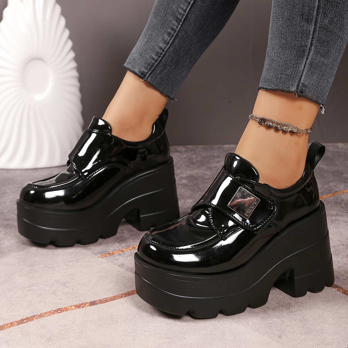TEMU Women's Dark Gothic Style Super High Heel Platform Shoes, Shiny Metal Logo Hook-and-loop Fastener Round Toe Low-top Platform Loafers, Hot Y2k
