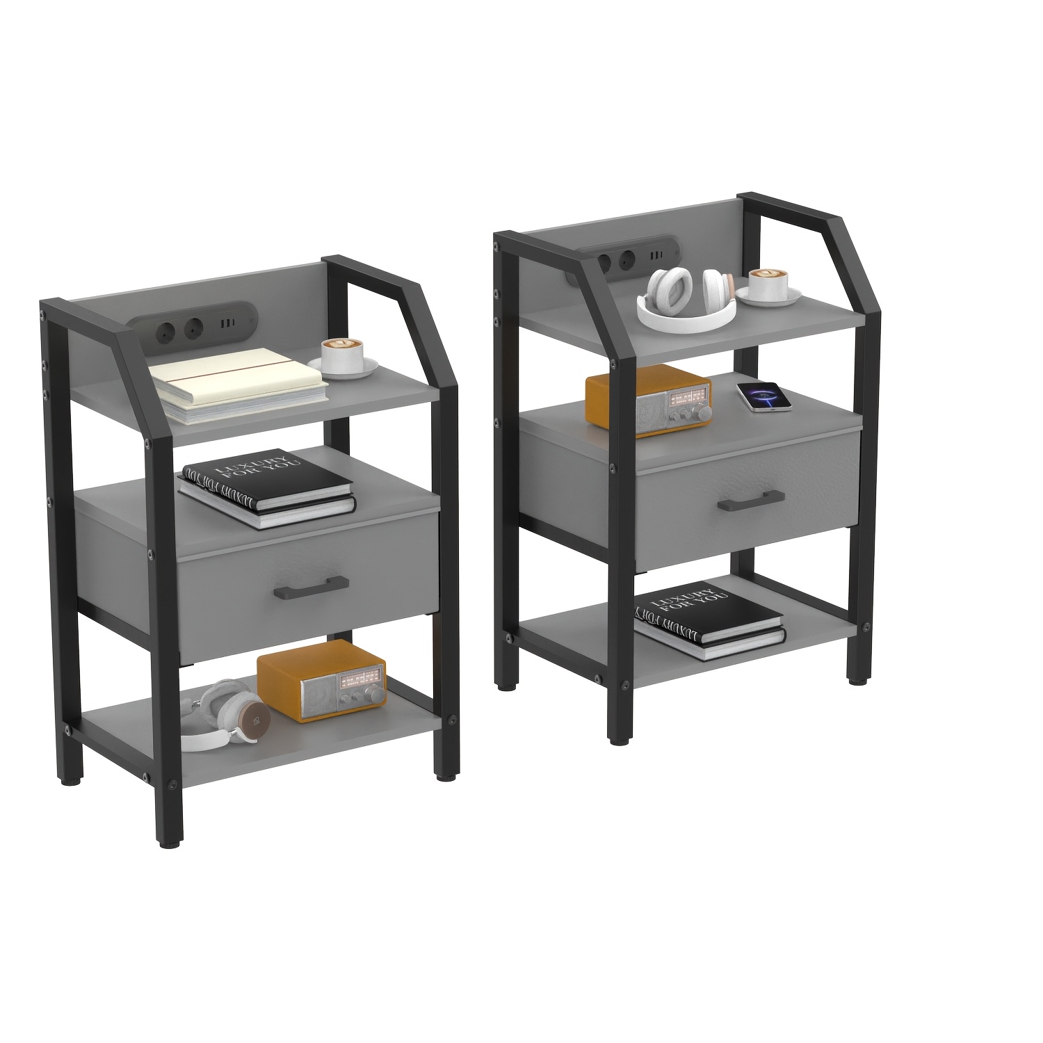 Image of Office Coat With Power Outlets And Usb Ports, 3-tier Side Table With Storage Shelf And Fabric Drawers, With Charging Station And Led Light Strip, For Office