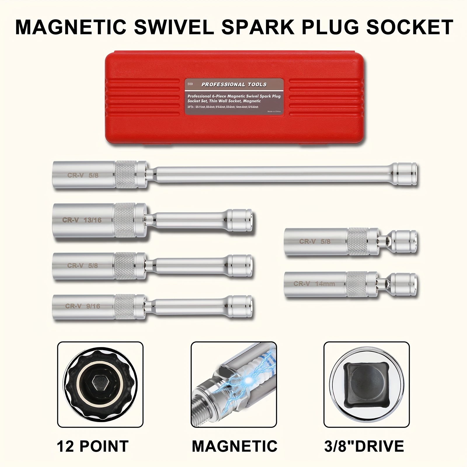 

6pcs 3/8" , , 12 , 1mm , 14mm, 9/16", 5/8", 13/16", Rotating , Extended , For Removing