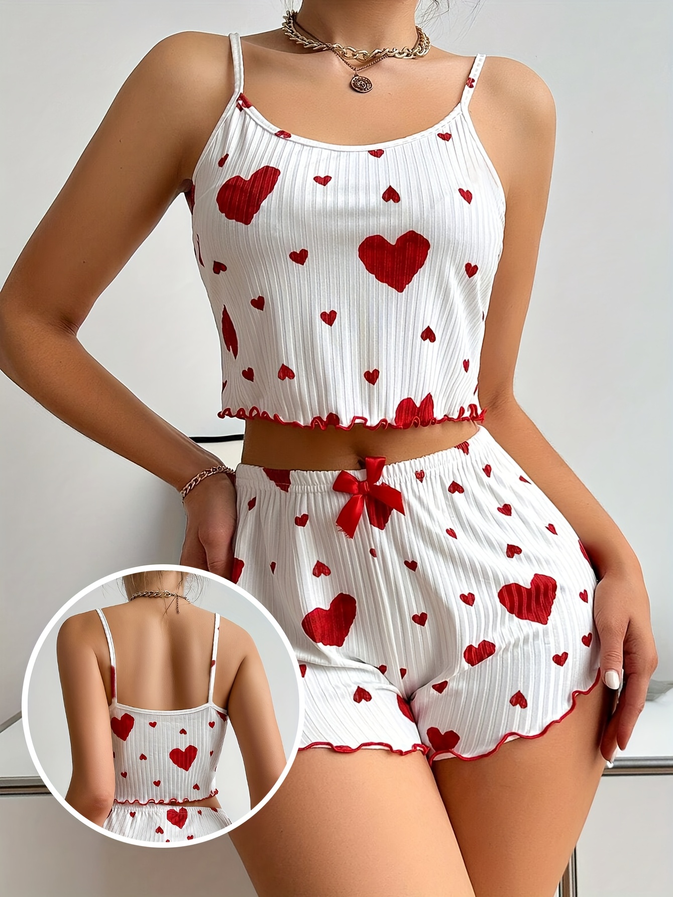 Ladies' Heart Patterned Attractive Ribbed Pajama Ensemble, Round Neck Backless Crop Camisole And Shorts, Cozy Loose Fit, Summer Sleepwear