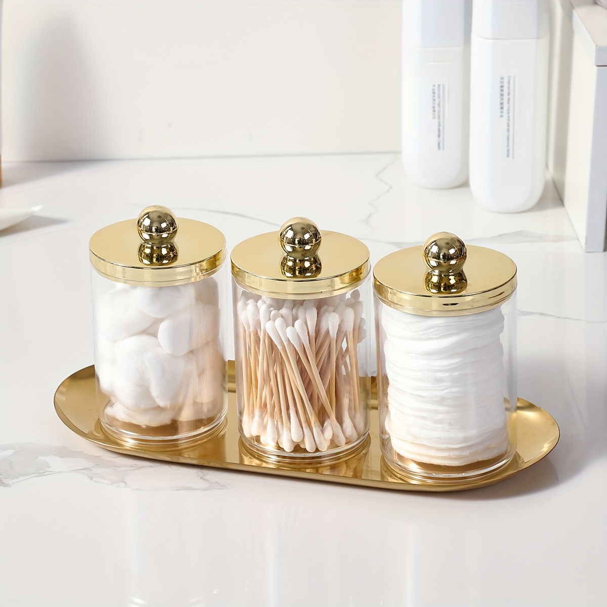 2er/3er Set Wattestäbchenhalter Badezimmer Set mit Tablett Acryl Kunststoff Apotheken Gläser Wattestäbchen Spender Behälter mit Deckel Waschtisch Tablett, für Wattestäbchen, Behälter