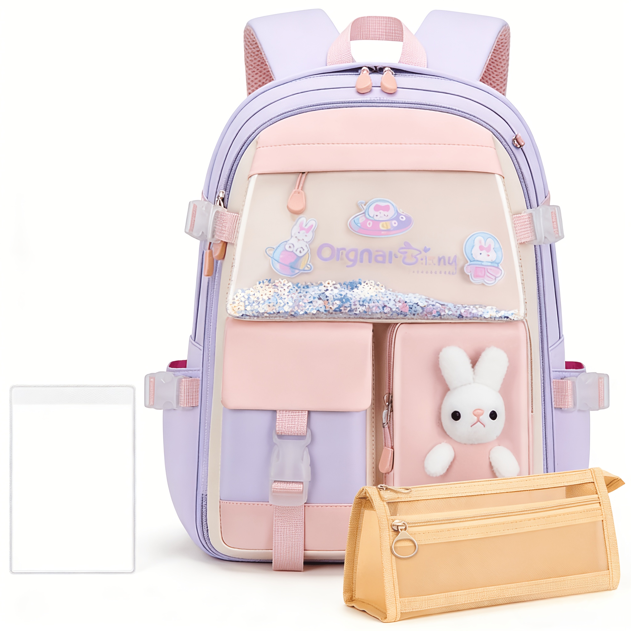 School Bag with 8 Card Slots & Pencil Case Pink Butterfly Wires 8-Wheels School Backpack Trolley Set  main image 4