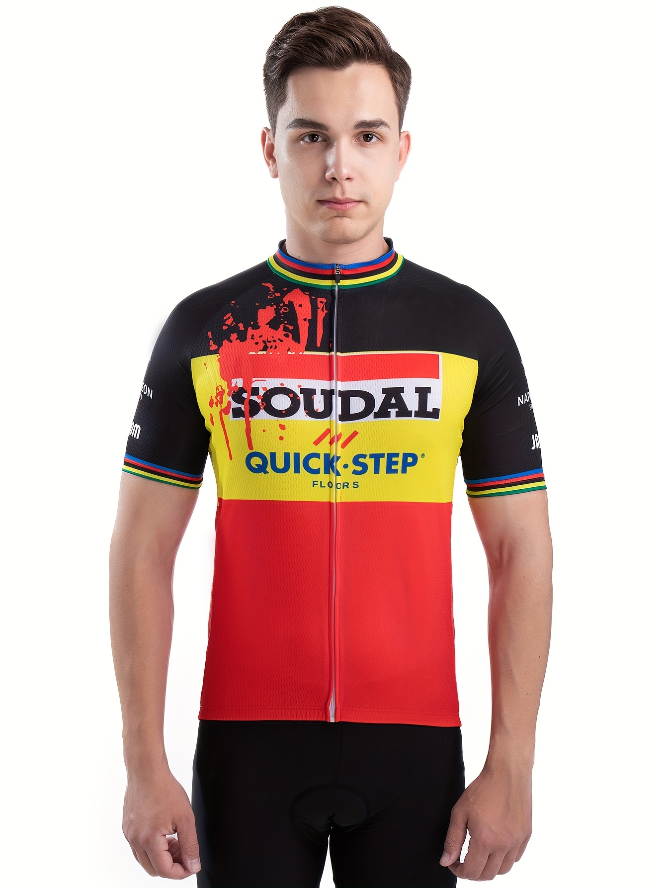     cycling jersey mens short sleeve red black with yellow accents breathable polyester moisture wicking zip up road bike shirt for team   tour moisturewicking top geometric pattern jersey   branded jersey