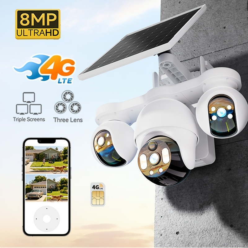 TEMU 8mp 4g Outdoor Solar Powered Security Monitoring Cctv Camera | Triple-lens And Screens -one, 360° Ptz, Color Night Vision, Pir Humanoid