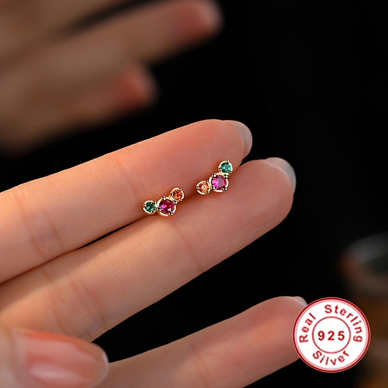 

1pair 0.55g S925 Sterling Silver Colorful Zircon Inlaid Stud Earrings Bling Bling Elegant Style Mini Stud Ear Jewelry For Women