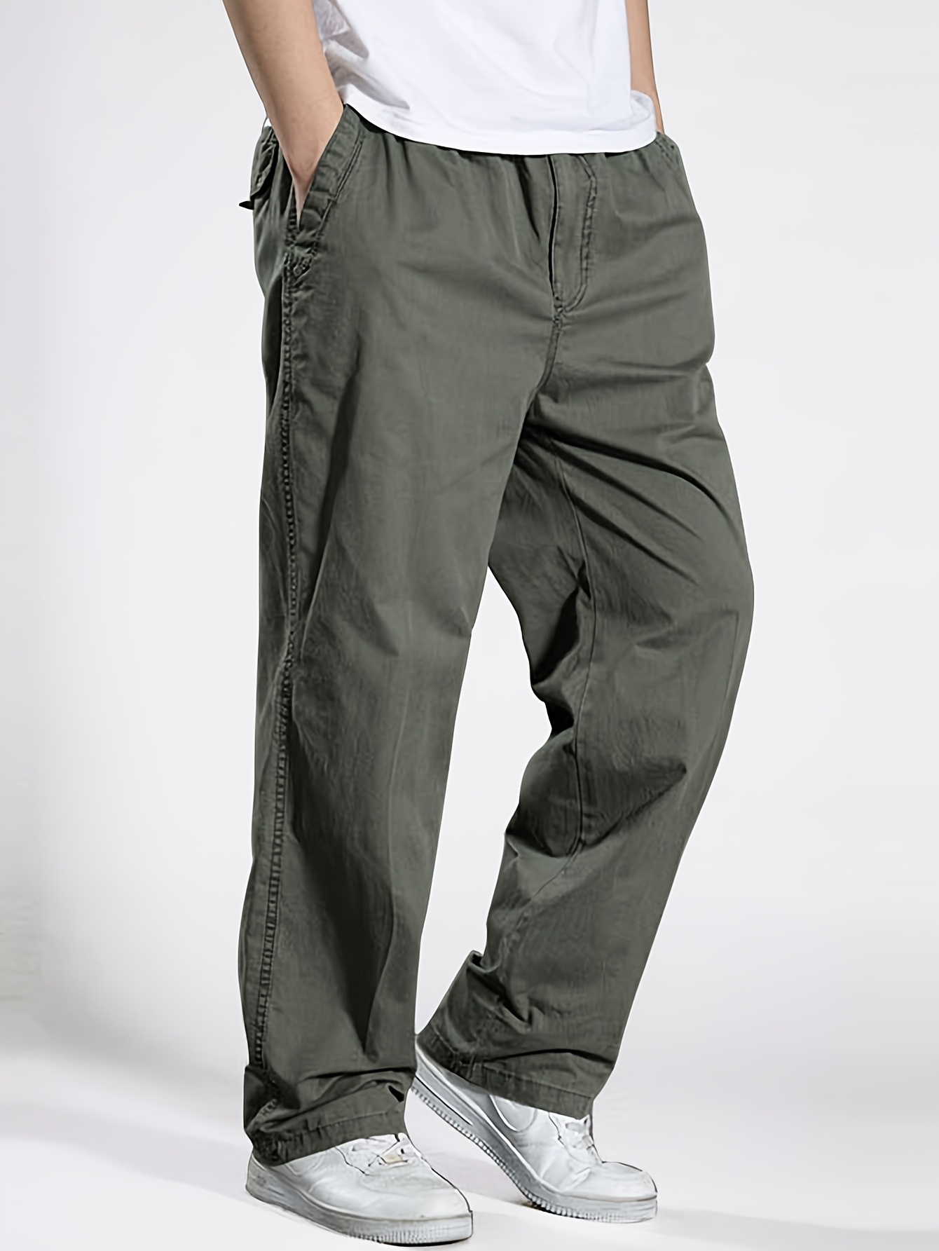 New Spring And Autumn Style, Men'S Casual Cargo Pants, Korean Version, Solid Color Loose And Versatile, 5-Color Choice, 100% Pure Fabric, Easy And Classic Style, Suitable for Middle-Aged Outdoors for Daily Casual Sports (Elastic Waist)