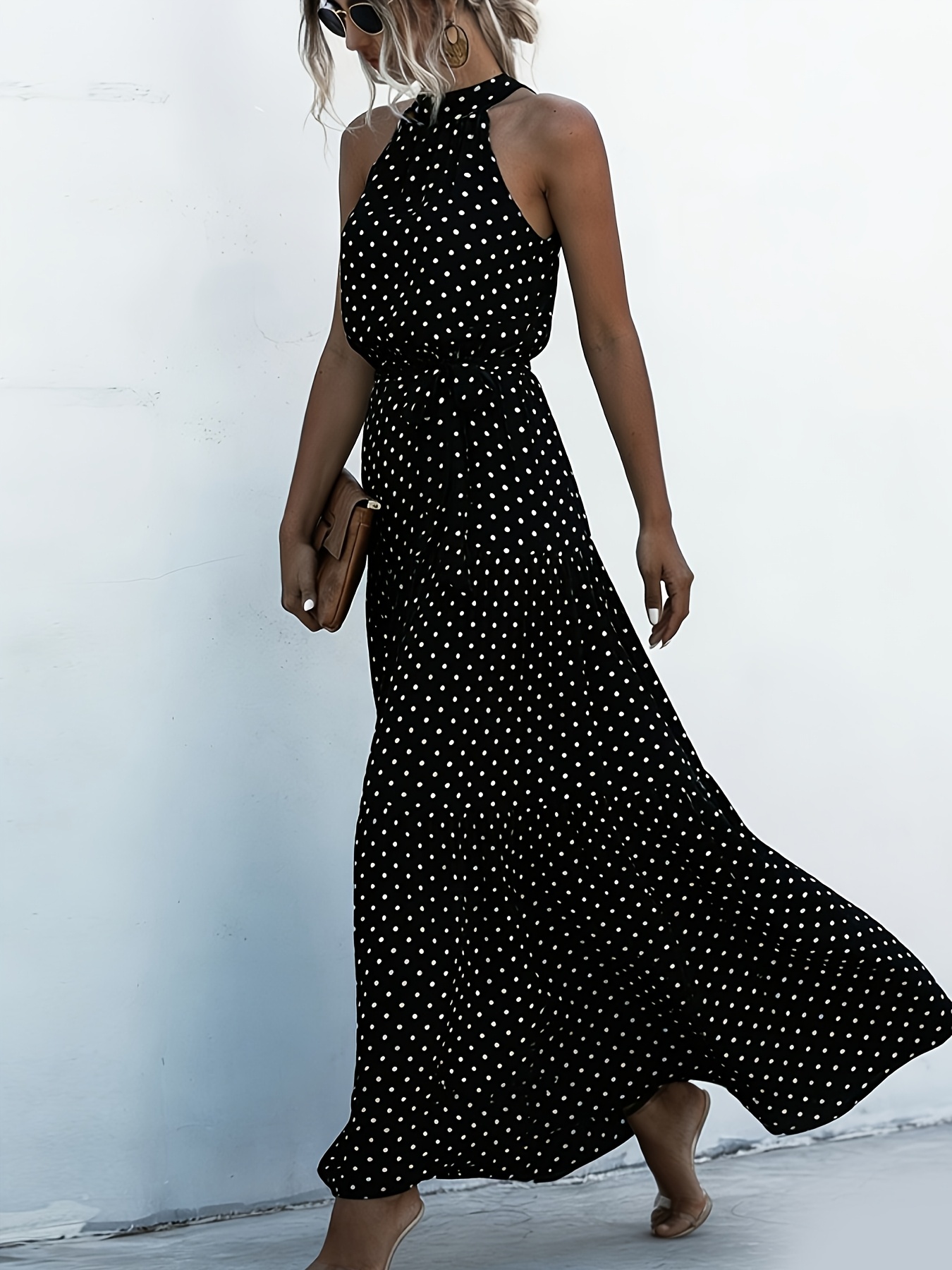 polka dot print halter dress belt ruffle detail - Temu Switzerland