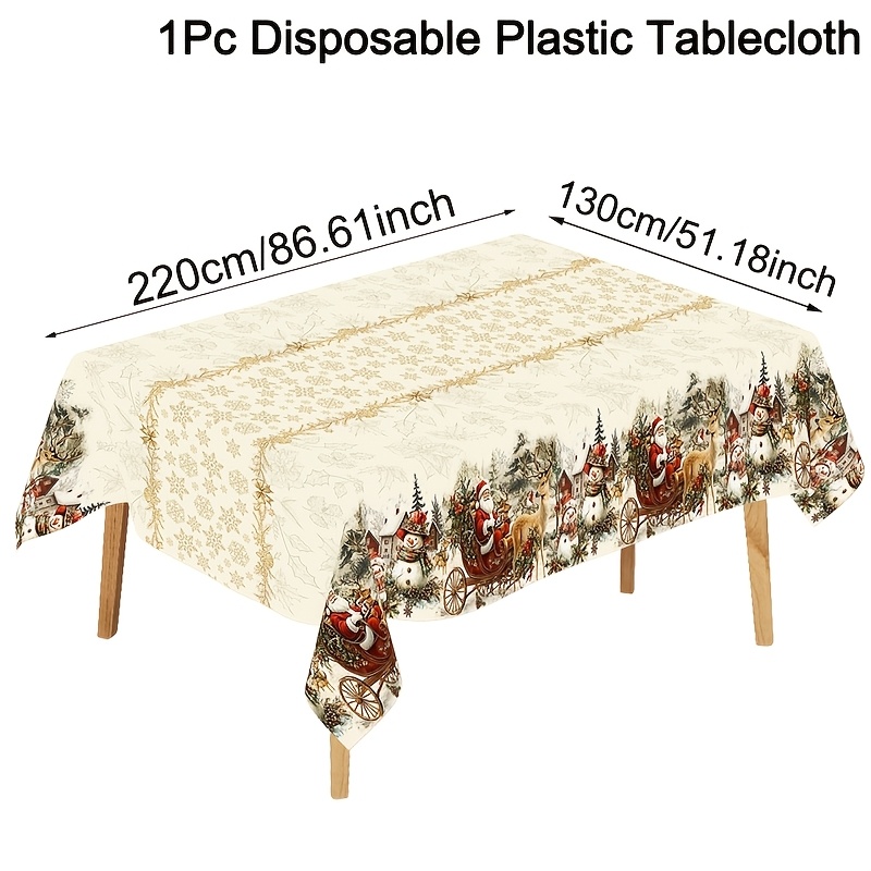 TEMU 1pc Vintage Christmas Tablecloth, 130 X 220cm Santa And Snowman Print Disposable Plastic Xmas Rectangle Tablecover, Festive Christmas Party
