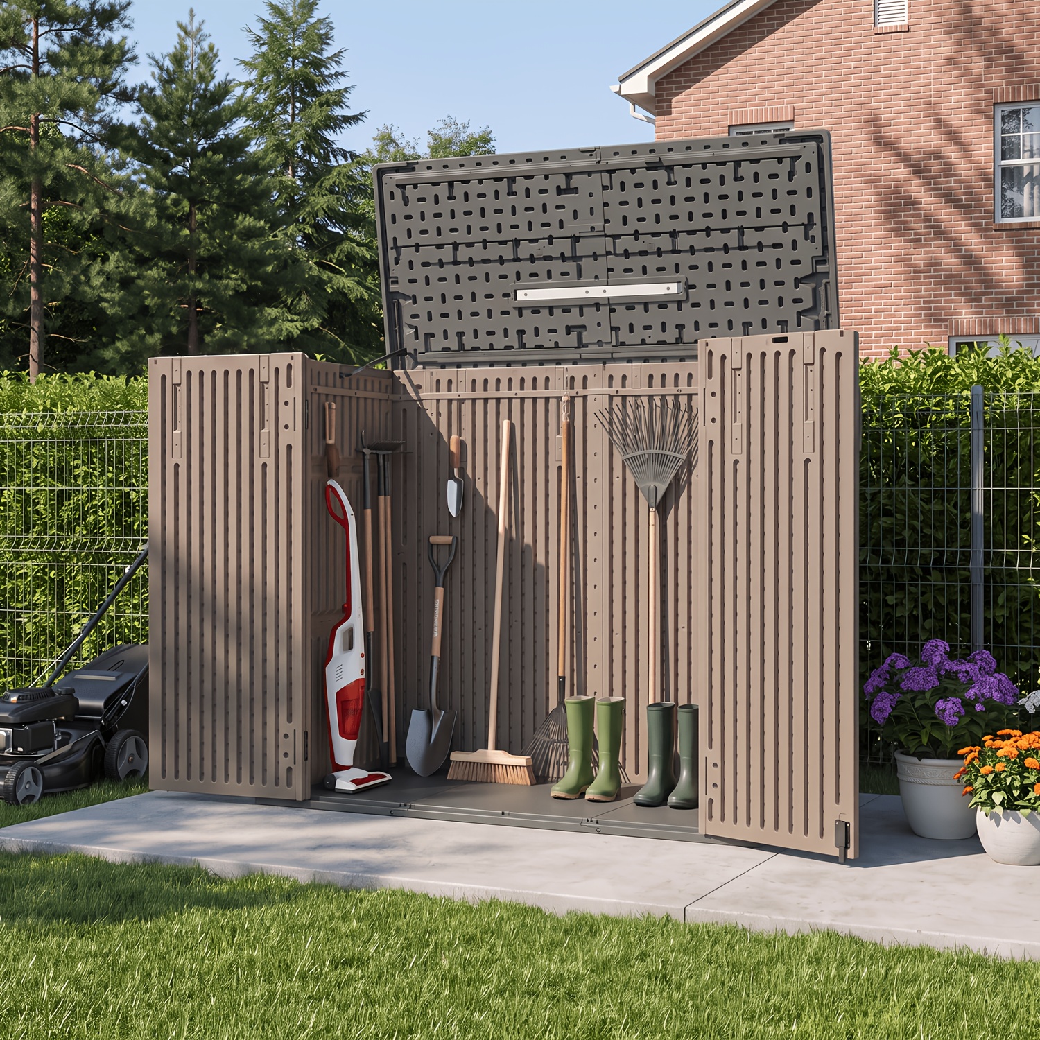 TEMU 320 Gallon Plastic Outdoor Storage Shed, Waterproof Resin Garden Tool Cabinet With Floor, Medium Vertical Storage Shed For Patio, Backyard,