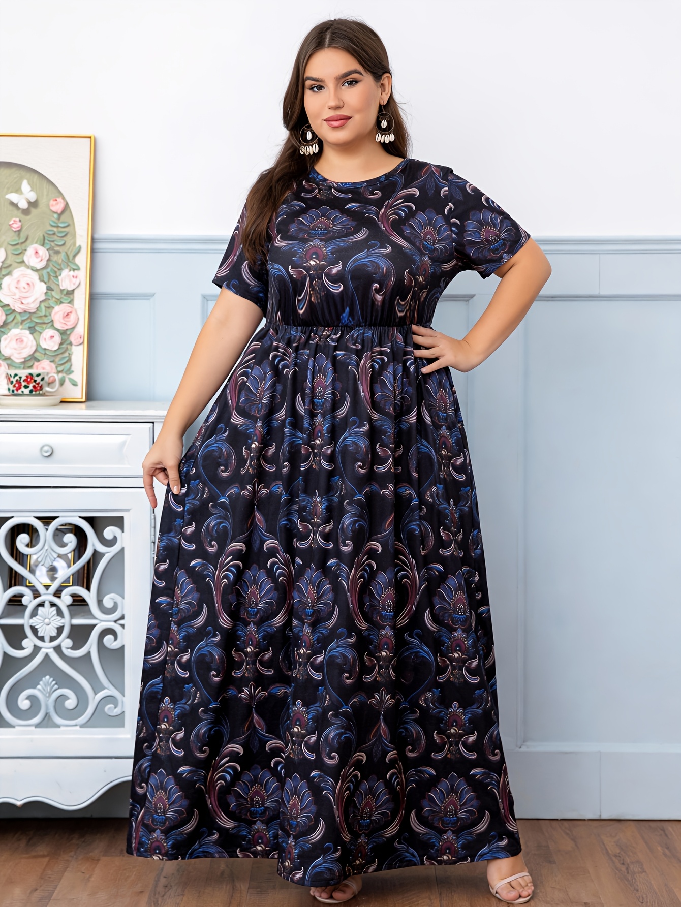 empire waist dress canada Plus Size Vintage Floral Print Maxi Whether youre attending a night out dress Color:Pink blue Cornflower Blue Coast Off Purple